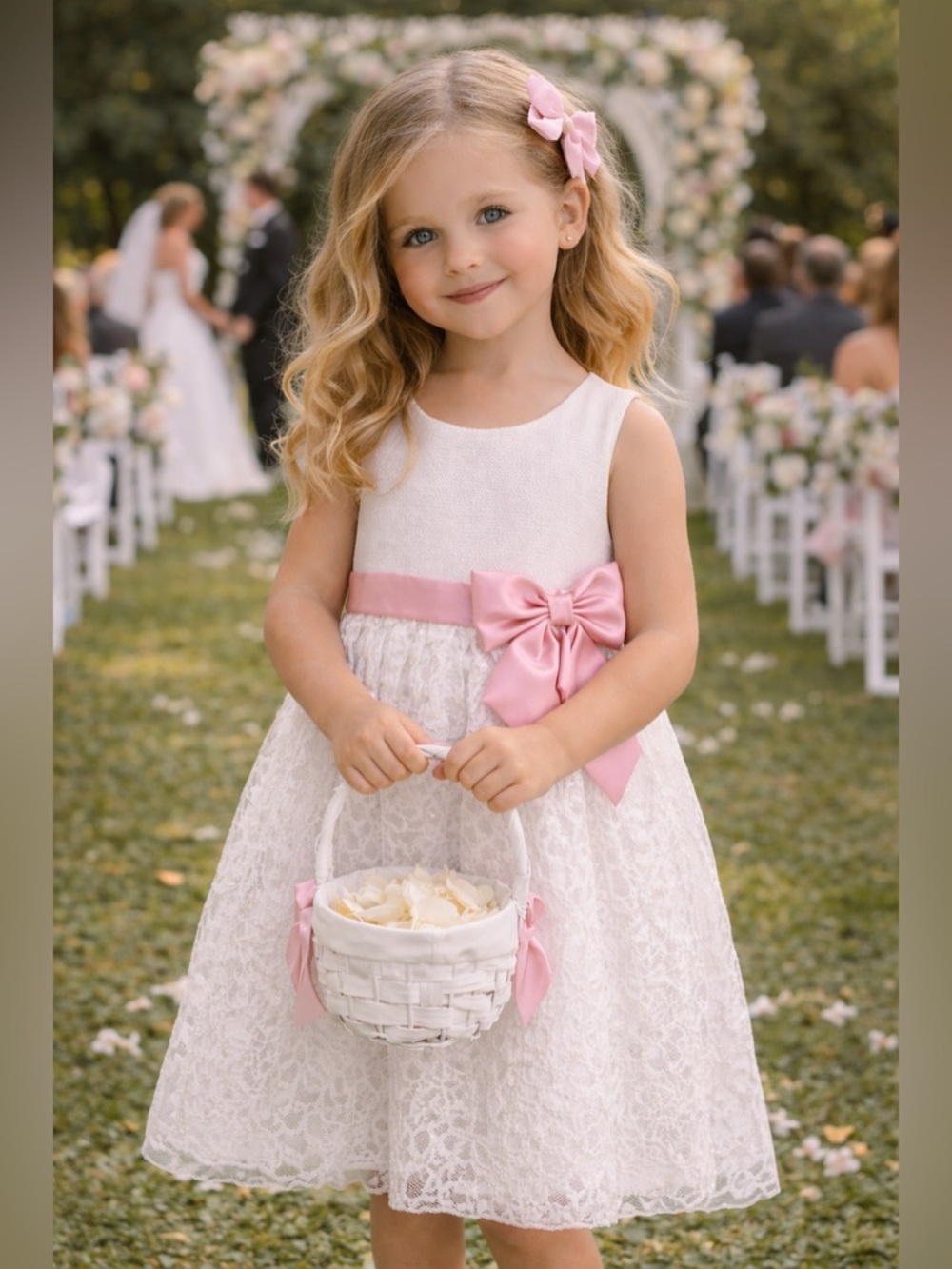 Jona Michelle White Lace Dress with Pink Bow Girls Size 4 Formal Dress